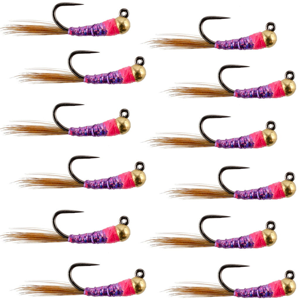 Tungsten Hot Spot Purple Perdigon Tactical  Nymph Fly - 12 Flies Size 16