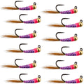 Tungsten Hot Spot Purple Perdigon Tactical  Nymph Fly - 12 Flies Size 16