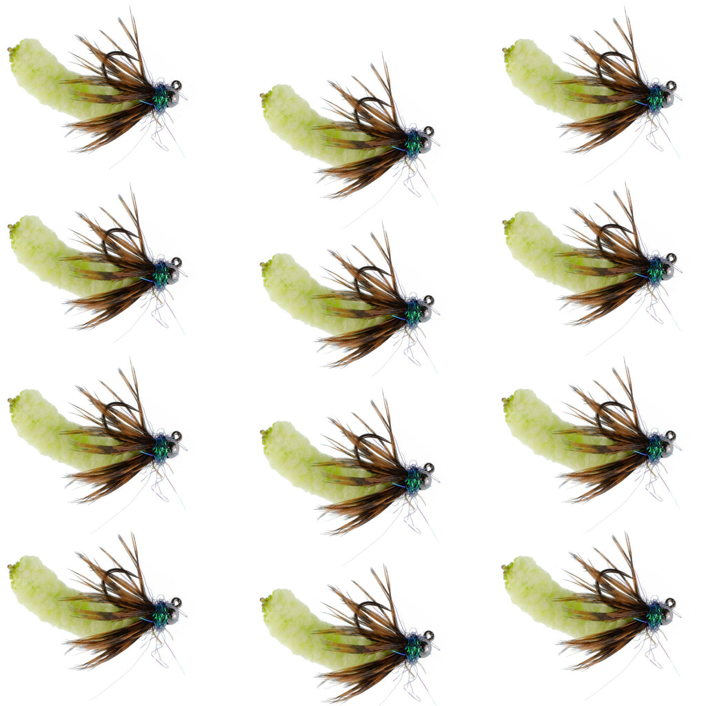 Wolfram-Perle Chartreuse Mop Fly Tactical Jig Czech Euro Nymph Widerhakenlose Fliege – 1 Dutzend Fliegen Größe 14