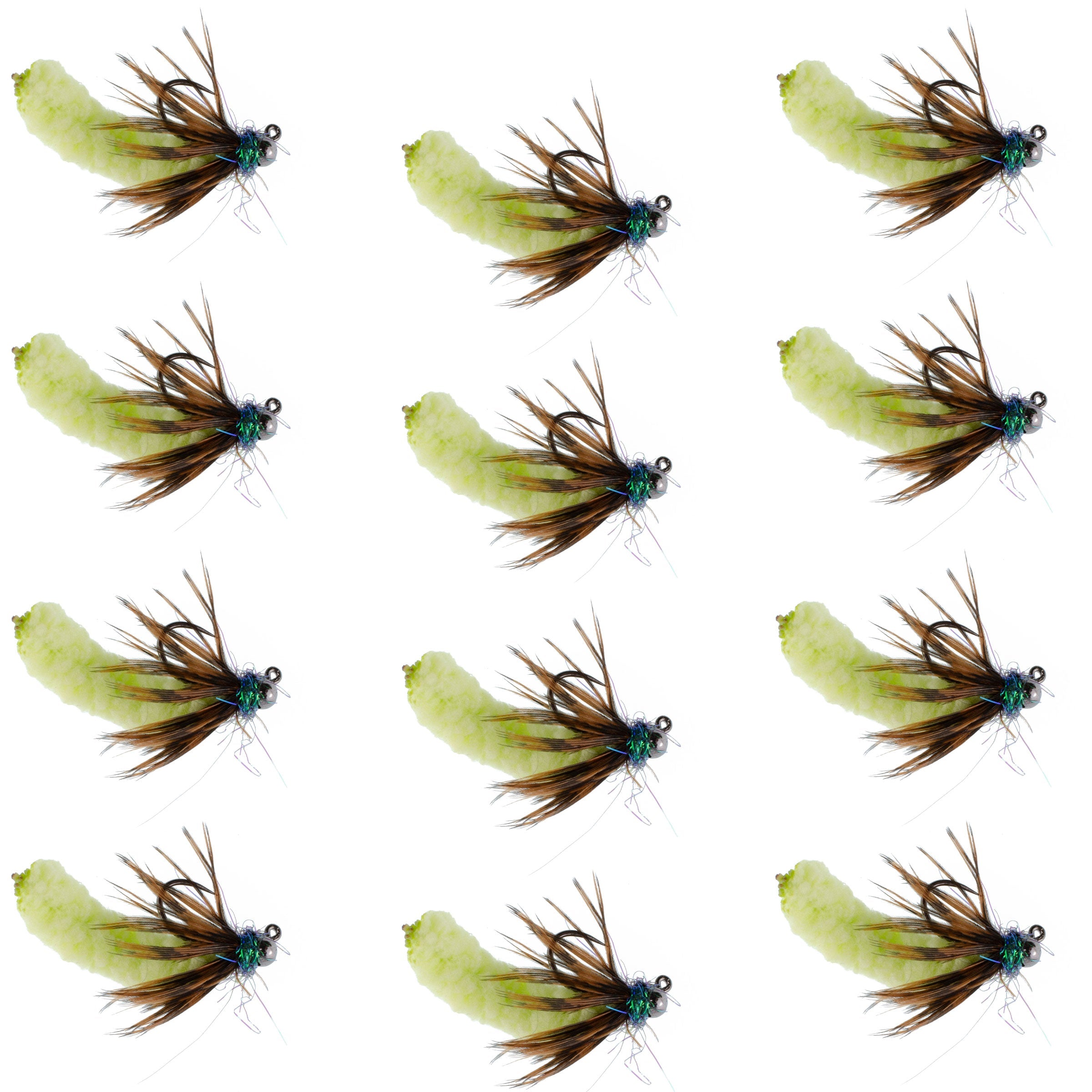 Wolfram-Perle Chartreuse Mop Fly Tactical Jig Czech Euro Nymph Widerhakenlose Fliege – 1 Dutzend Fliegen Größe 14