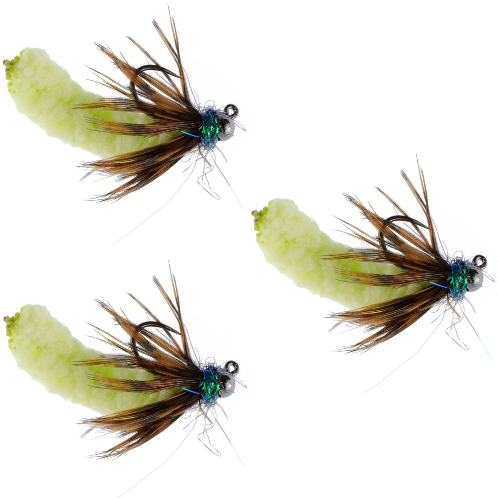3er-Pack Tungsten-Bead Chartreuse Mop Fly Tactical Jig Czech Euro Nymph Widerhakenlose Fliege – Größe 14
