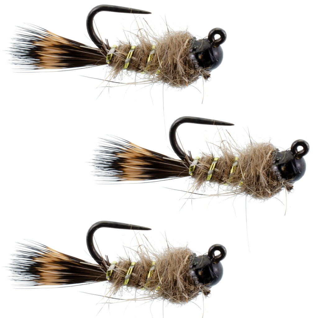 3er-Pack Schwarze Tungsten Bead Tactical Hares Ear Czech Nymph Euro Nymphing Fliege – Hakengröße 16