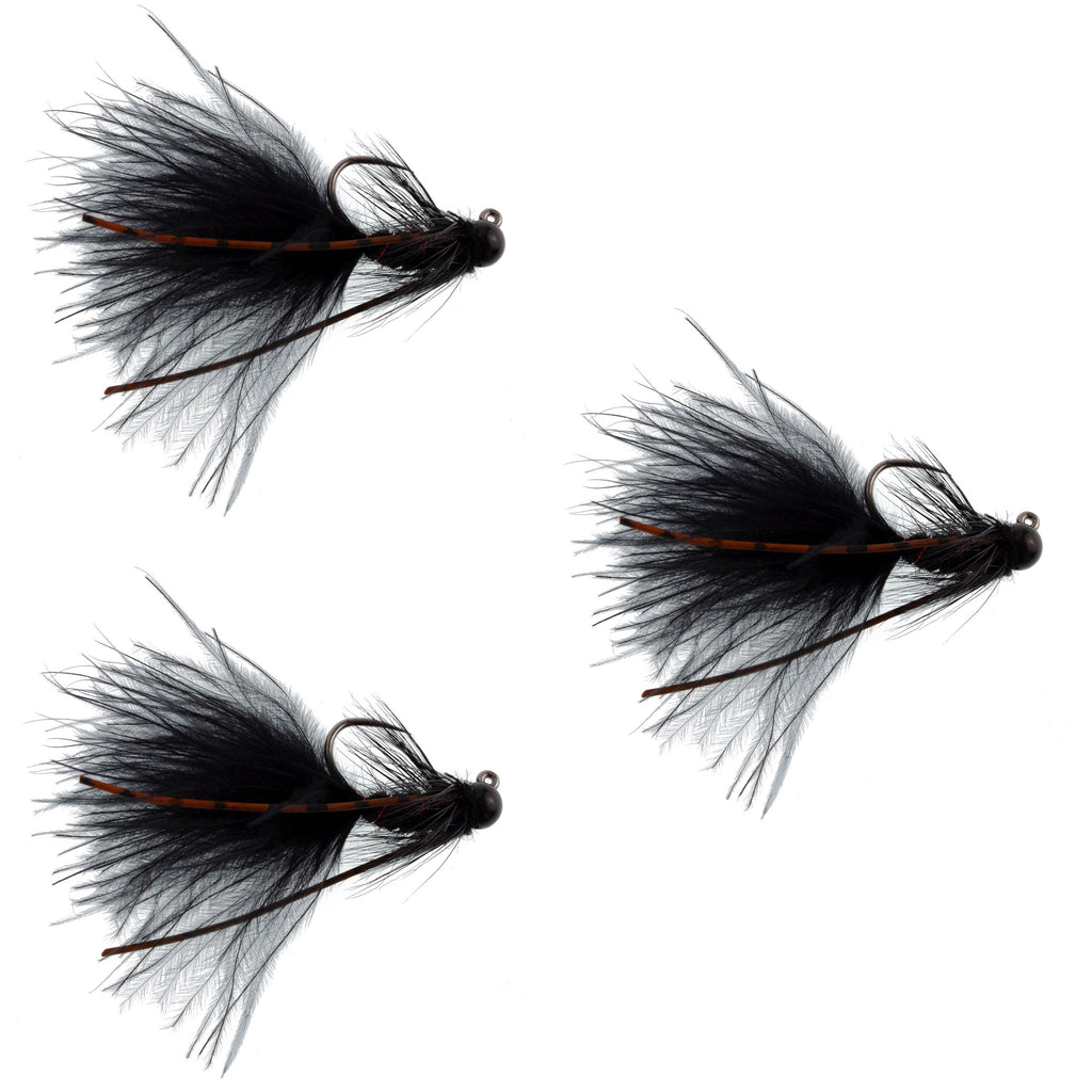 3 Pack Tungsten Bead Tactical Black Mini Bugger Euro Nymph Fly - Size 8