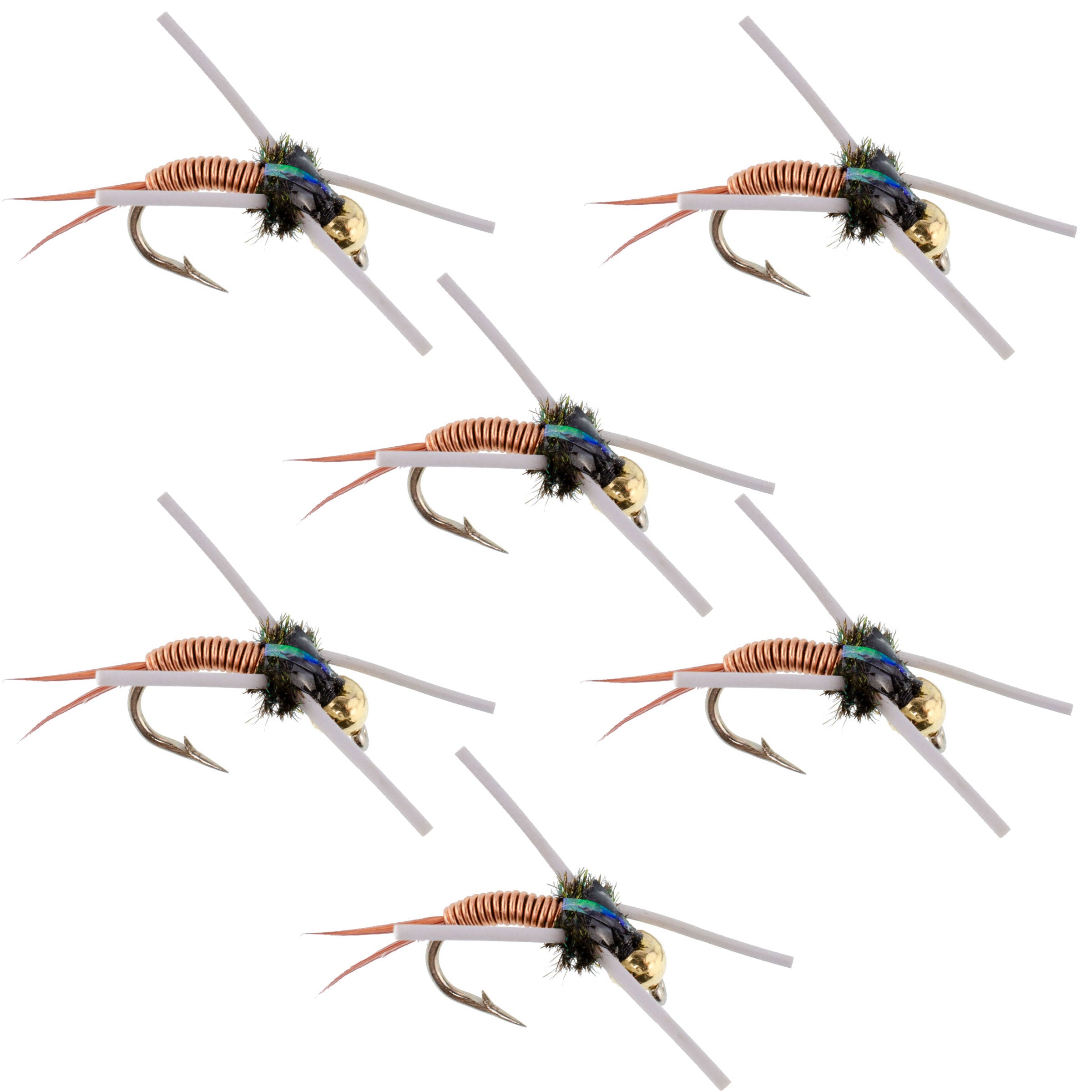 Wolframperlenkopf Gummi Beine Copper John Nymphen Fliegen zum Angeln – Set mit 6 Fliegen Hakengröße 16