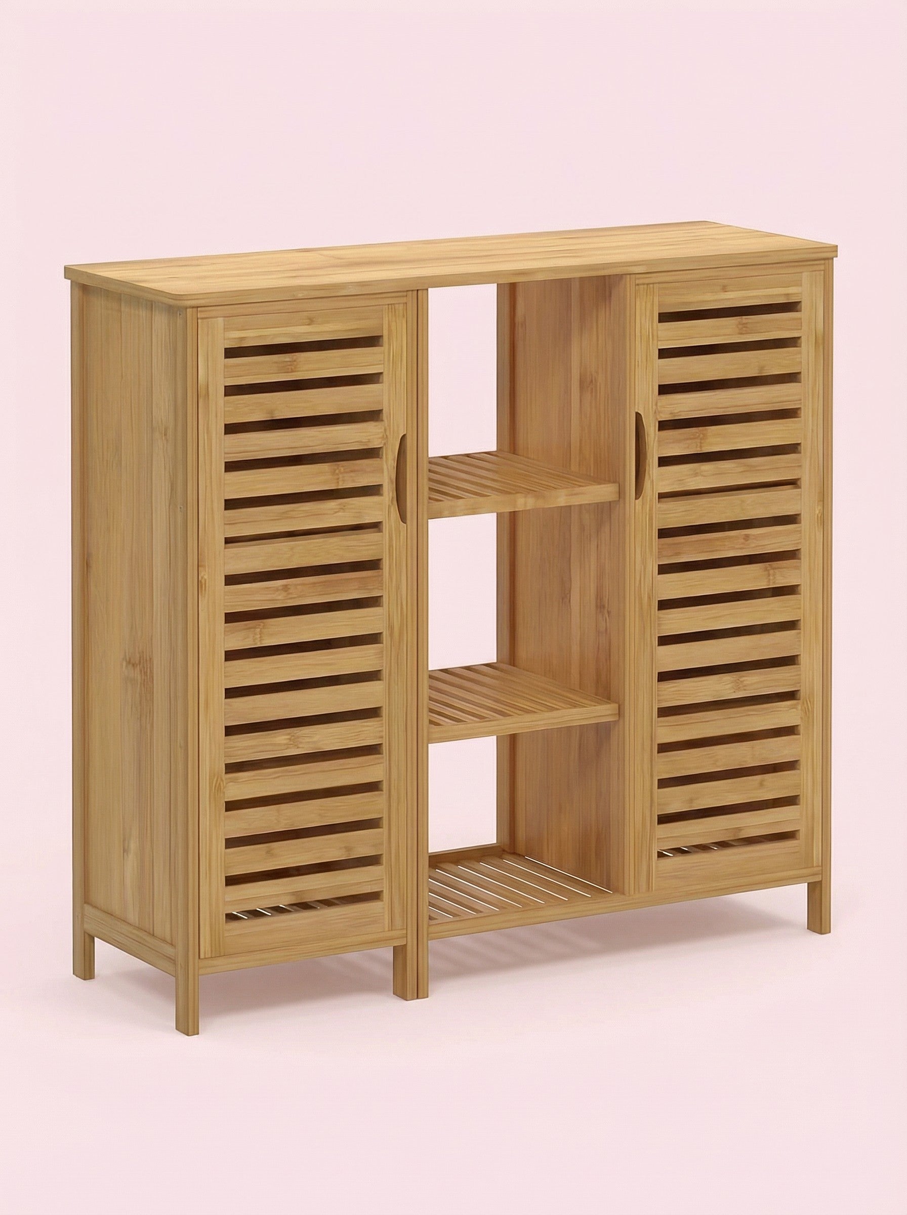 Bambus-Badschrank mit 4 Einlegeböden und Türen, freistehend