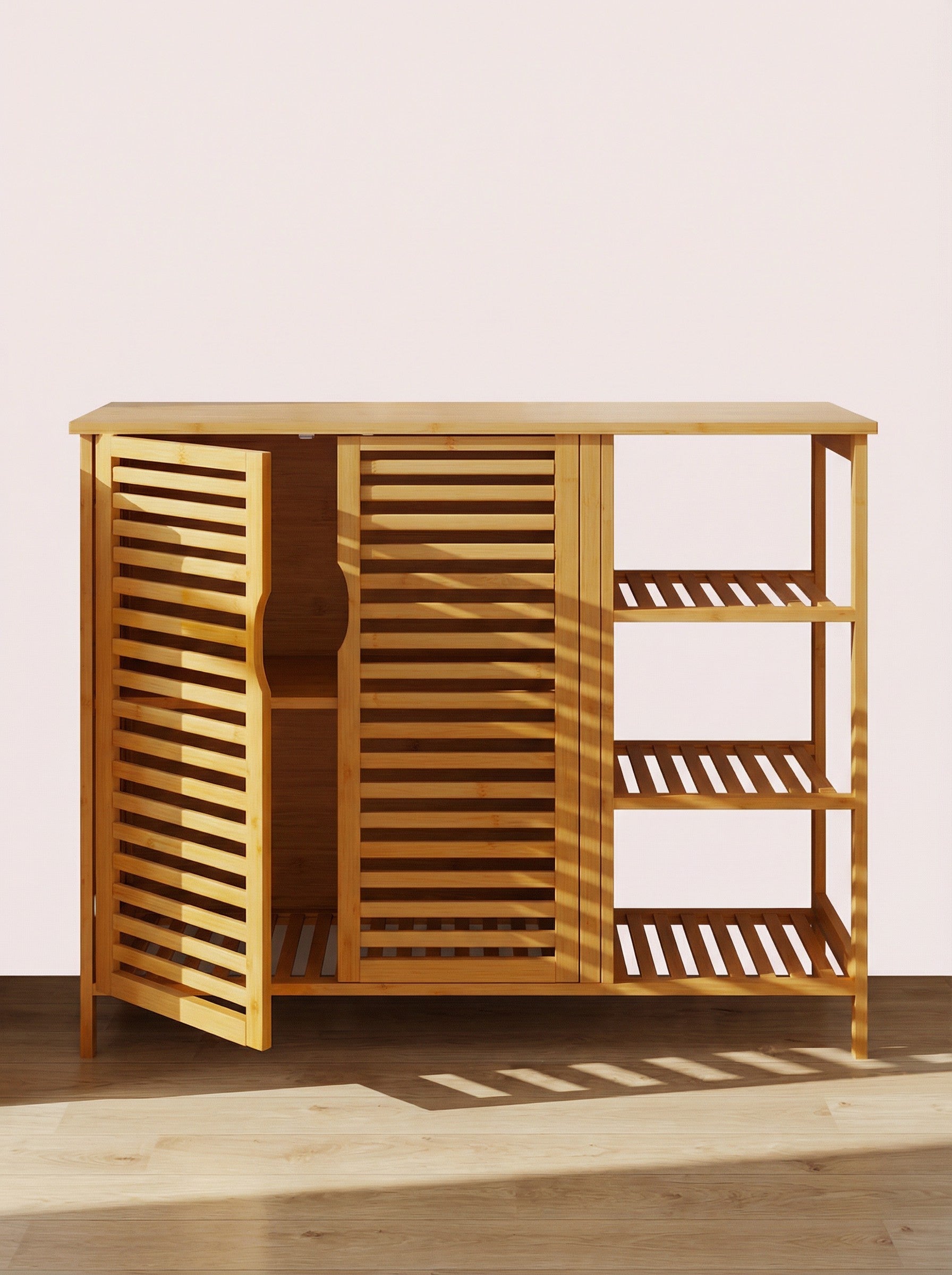 Bambus-Badschrank mit 4 Einlegeböden und Türen, freistehend