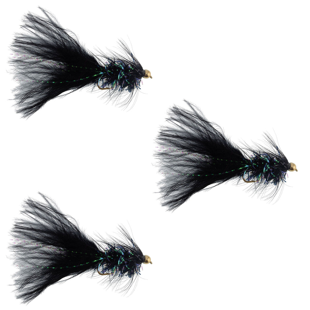3 Pack Black Bead Head Crystal Woolly Bugger Streamer -  Size 8