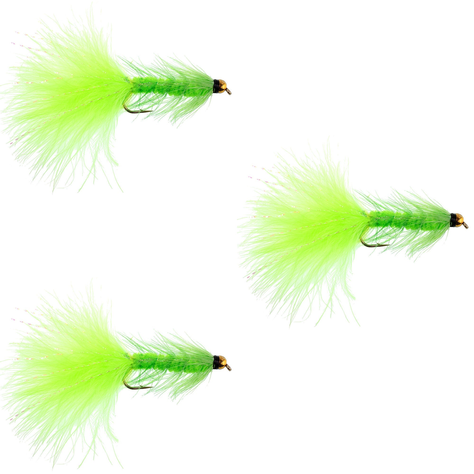 3er-Pack Chartreuse Bead Head Crystal Woolly Bugger Streamer Fliege – Größe 4