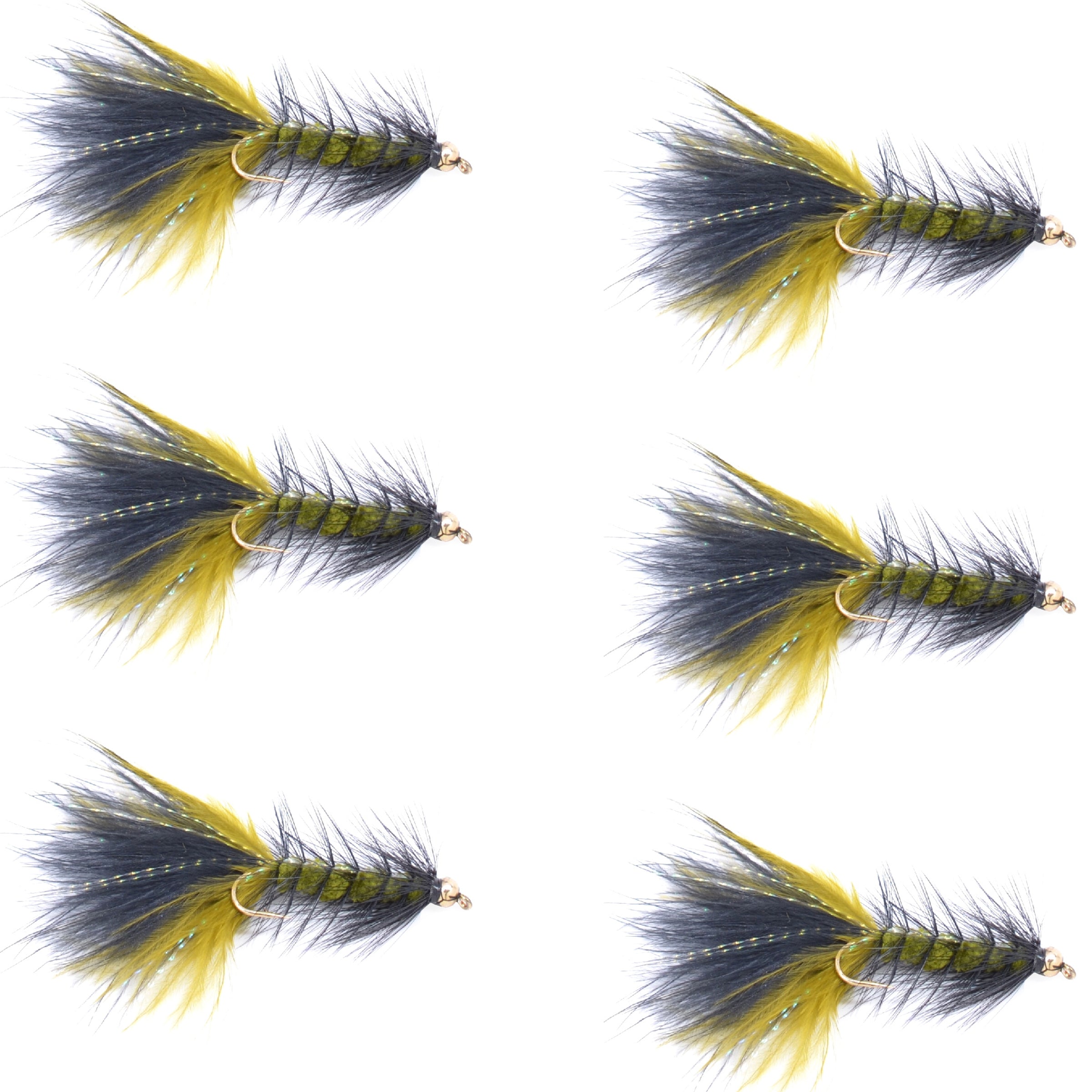 Olive Black Bead Head Crystal Woolly Bugger Streamer Fliy - 6 Flies - Size 4