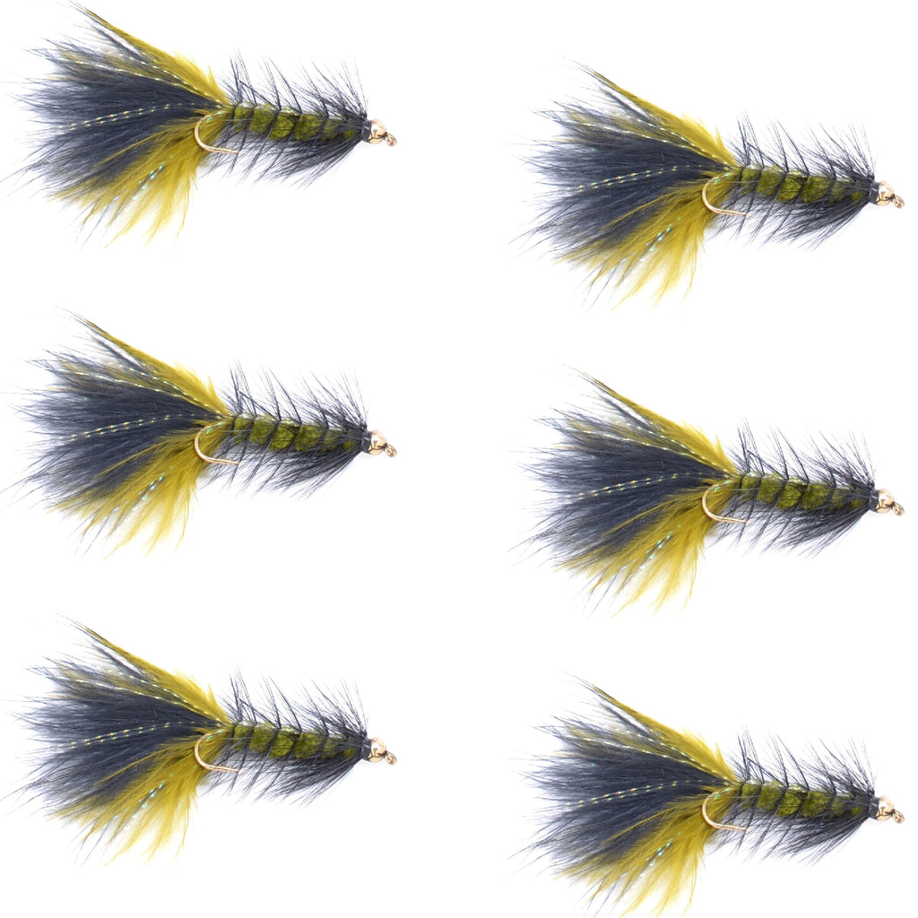 Olive Black Bead Head Crystal Woolly Bugger Streamer - 6 Flies - Size 8
