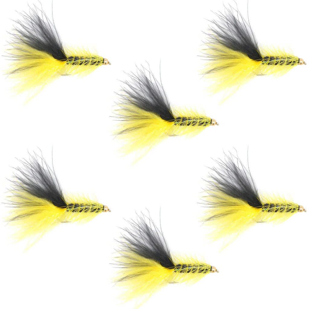 Yellow Black Bead Head Crystal Woolly Bugger Streamer - 6 Flies Size 8