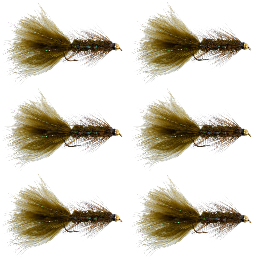 Dark Olive Bead Head Crystal Woolly Bugger Streamer - 6 Flies - Size 8