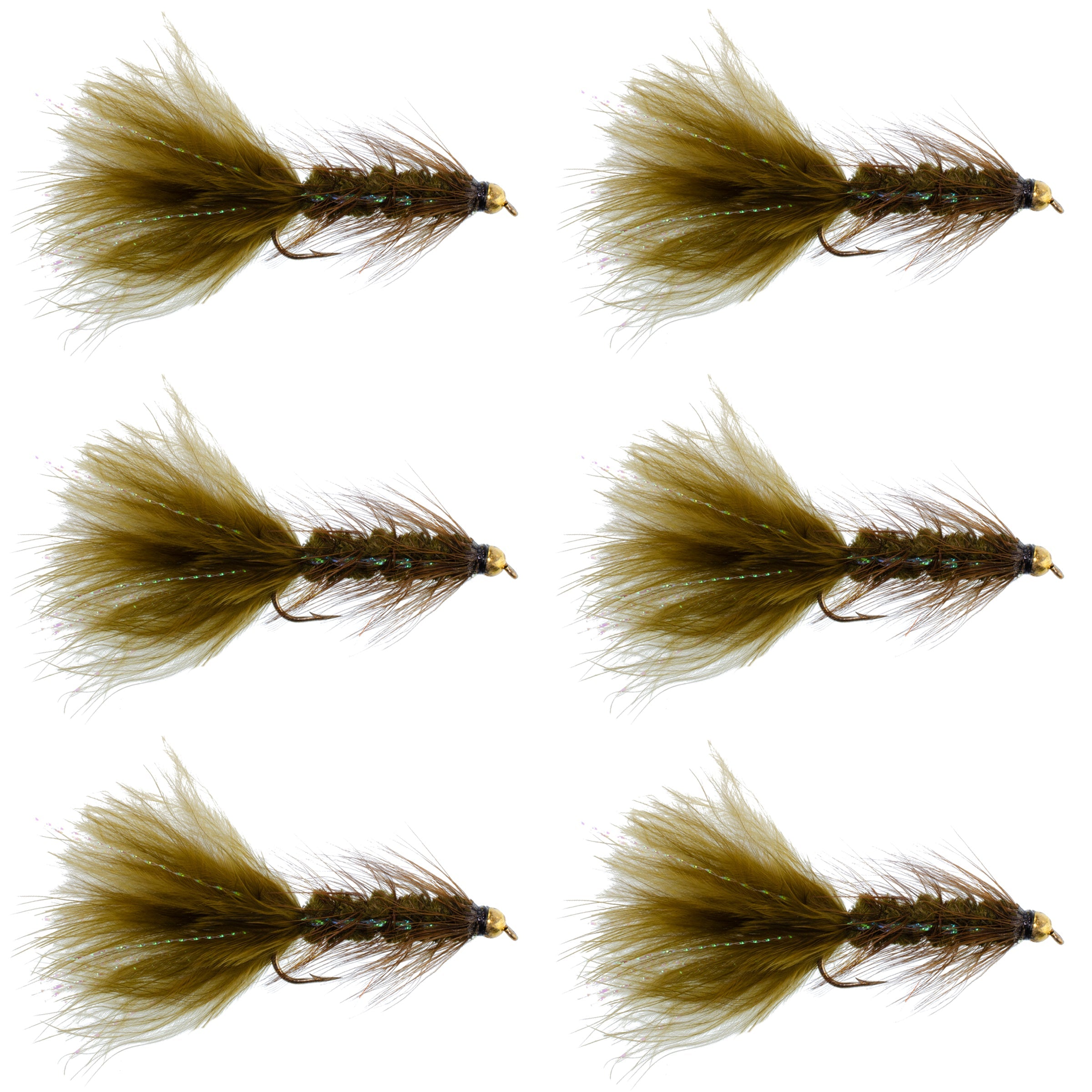 Dark Olive Bead Head Crystal Woolly Bugger Streamer - 6 Flies - Size 8