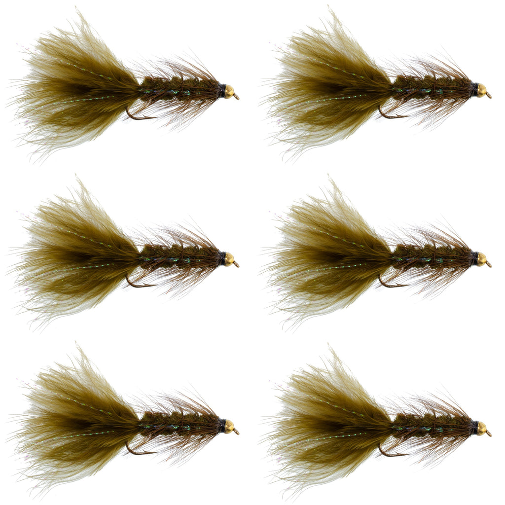 Dark Olive Bead Head Crystal Woolly Bugger Streamer Fly - 6 Flies - Size 4