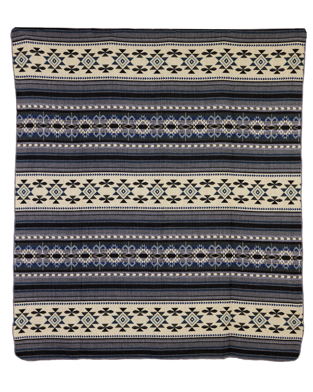 Handgewebte, wendbare geometrische Decke aus Alpaka in Blau, Grau und Creme – Yachana Kollektion