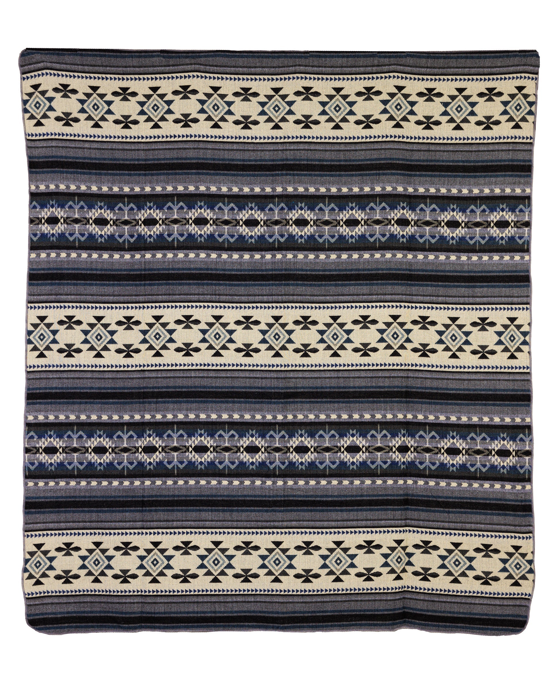 Handgewebte, wendbare geometrische Decke aus Alpaka in Blau, Grau und Creme – Yachana Kollektion