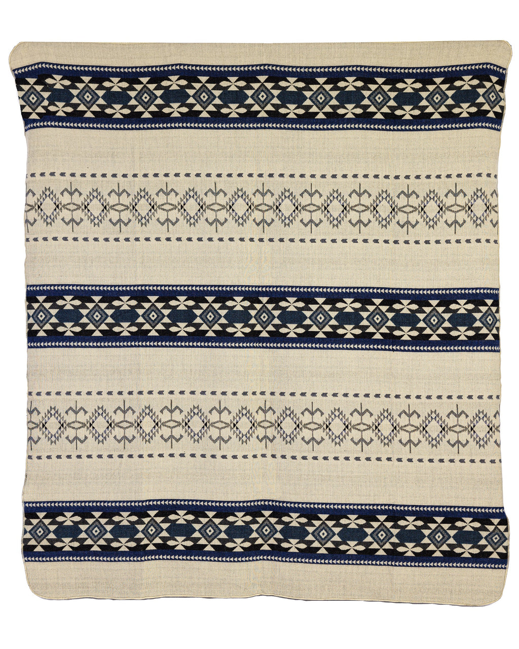 Handgewebte, wendbare geometrische Decke aus Alpaka in Blau, Grau und Creme – Yachana Kollektion