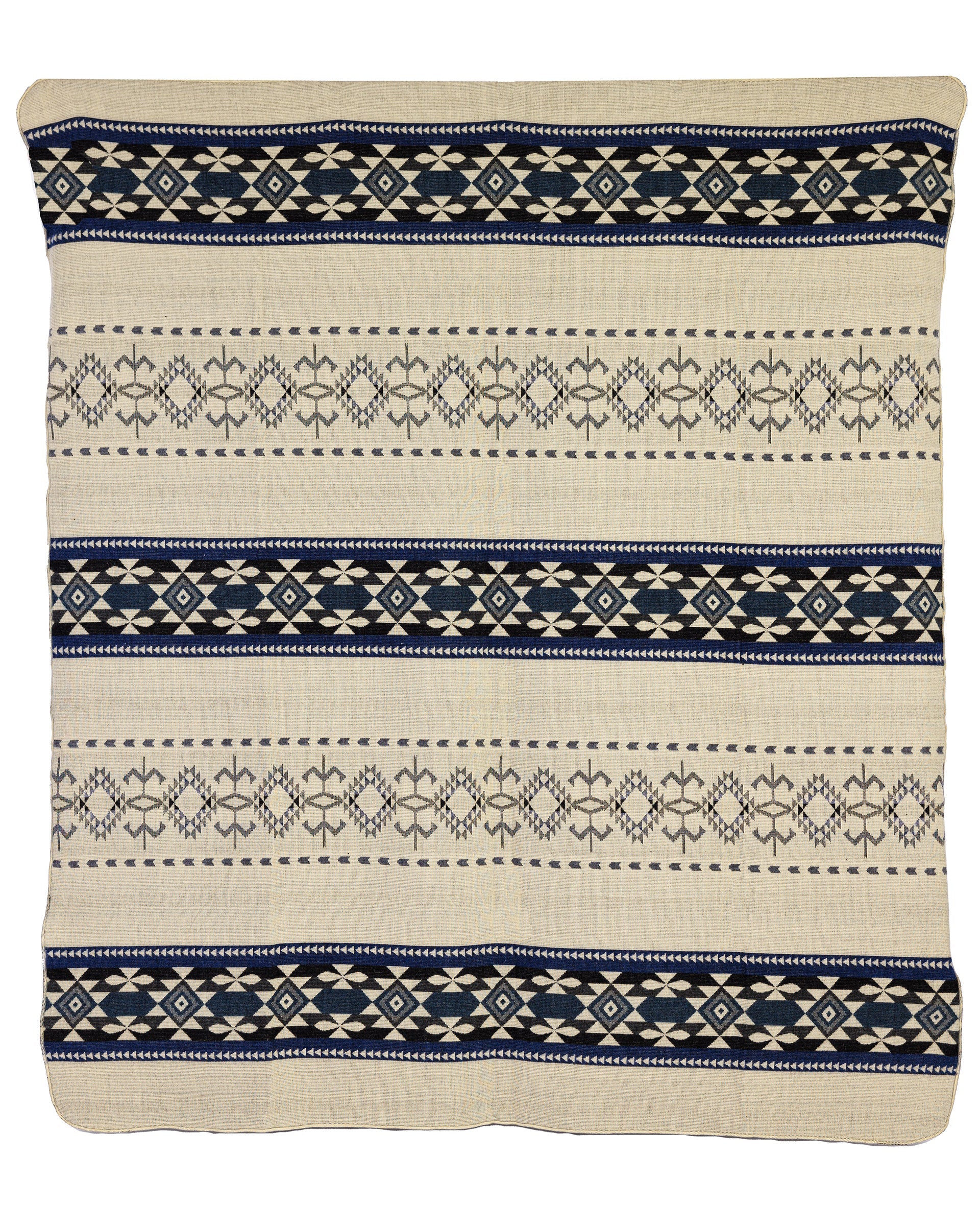 Handgewebte, wendbare geometrische Decke aus Alpaka in Blau, Grau und Creme – Yachana Kollektion