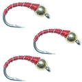 3 Pack Bead Head Red Zebra Midge Still Water Nymph Fly Fishing Fly Hook Size 16