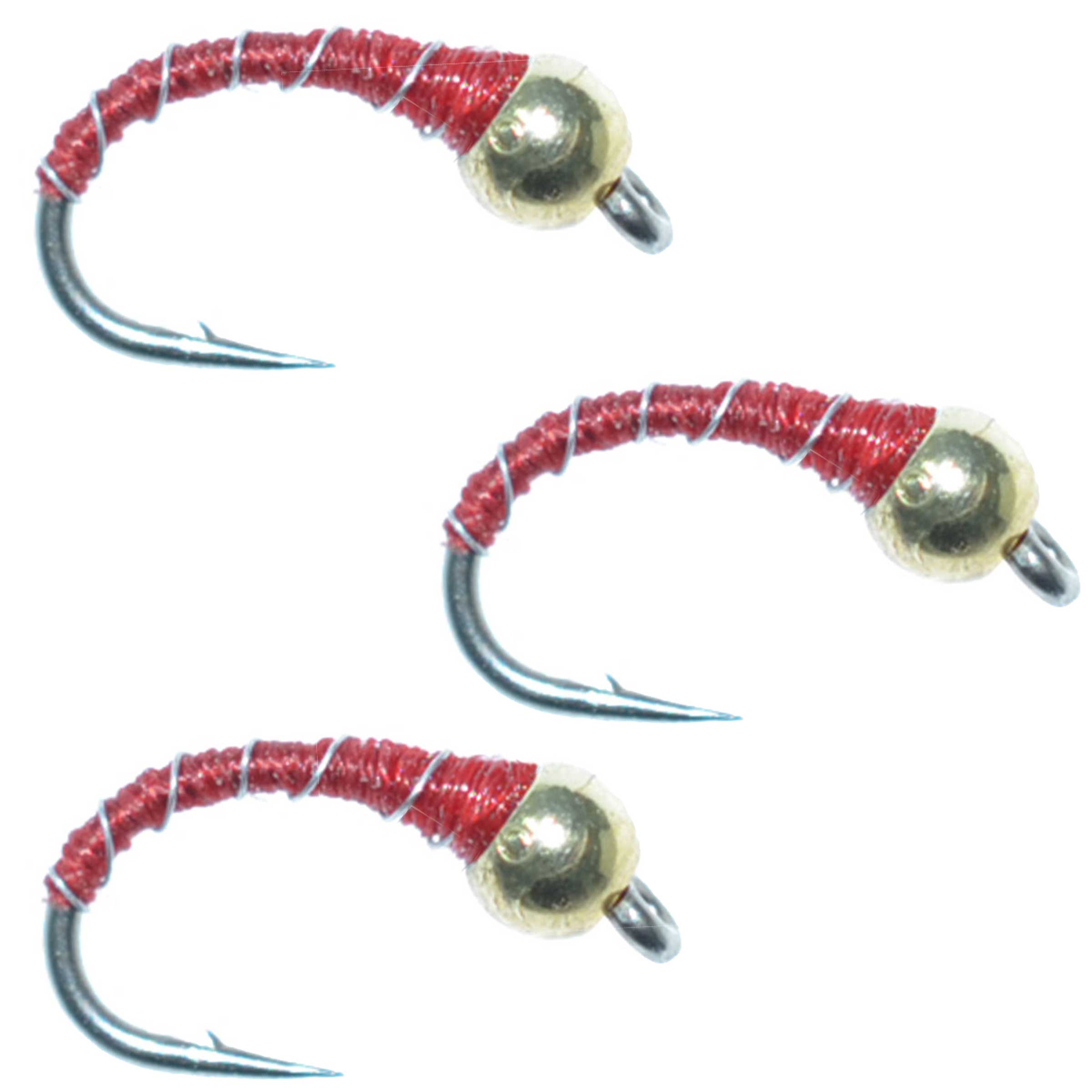 3er-Pack Perlenkopf-Red-Zebra-Midge-Nymphe Hakengröße 18