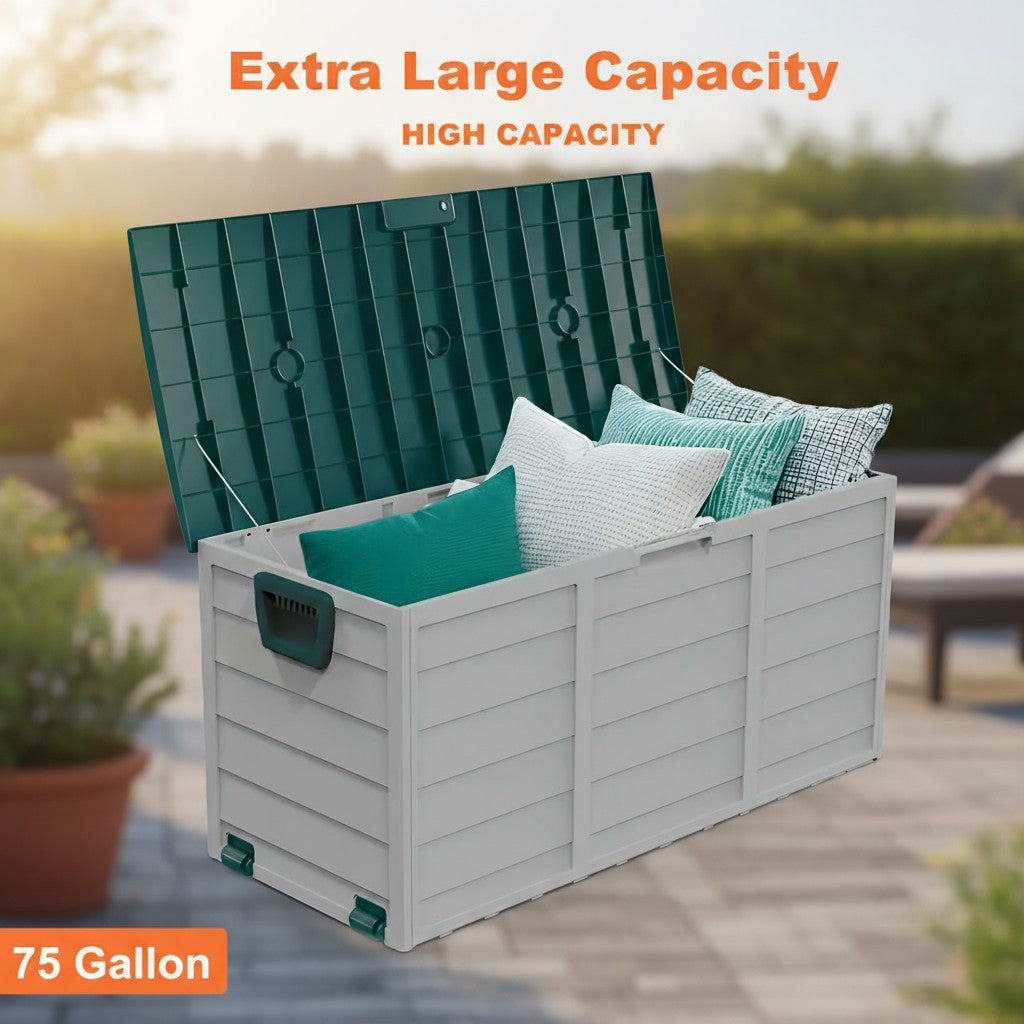 75 Gallonen Outdoor-Aufbewahrungsbox – wasserdichte Terrassenbox mit aufklappbarem Deckel, abschließbar und einfache Montage