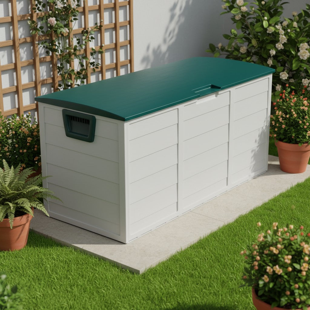 75 Gallonen Outdoor-Aufbewahrungsbox – wasserdichte Terrassenbox mit aufklappbarem Deckel, abschließbar und einfache Montage