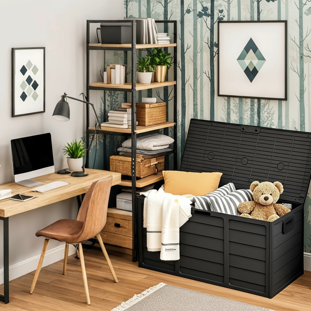 75 Gallonen Outdoor-Aufbewahrungsbox – wasserdichte Terrassenbox mit aufklappbarem Deckel, abschließbar und einfache Montage