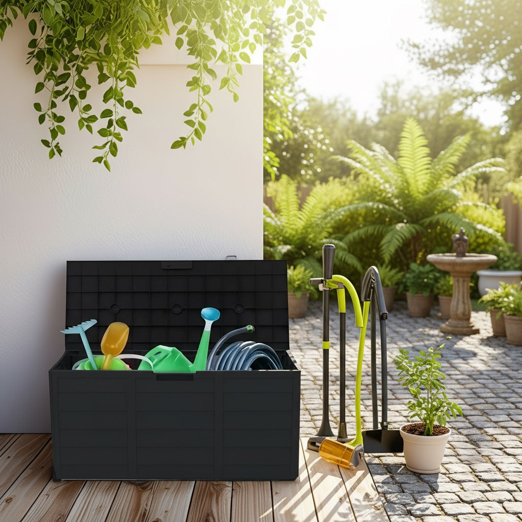 75 Gallonen Outdoor-Aufbewahrungsbox – wasserdichte Terrassenbox mit aufklappbarem Deckel, abschließbar und einfache Montage